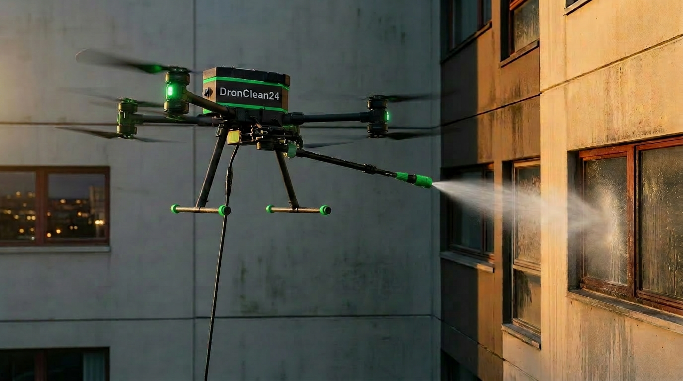Dron czyszczący elewację wieżowca